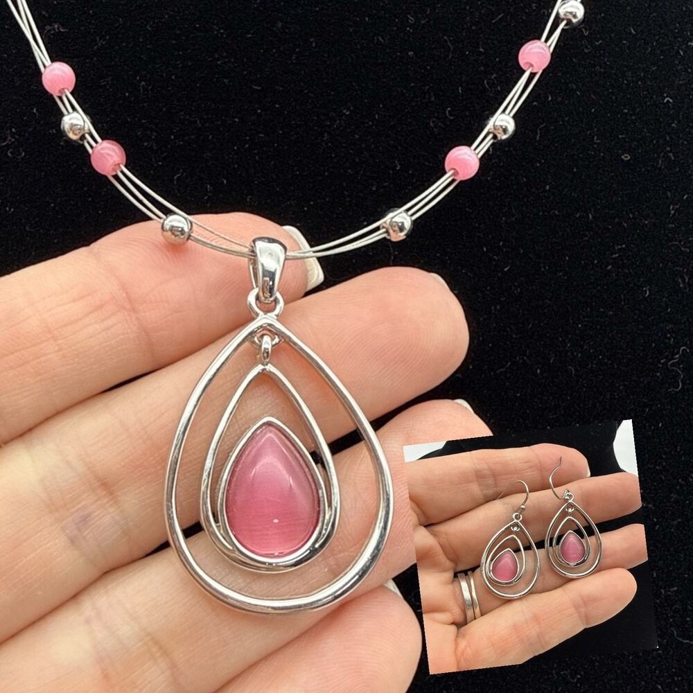 Lia Sophia Cotton Candy Pink Cat's Eye Silver Tone NECKLACE & EARRINGS Set